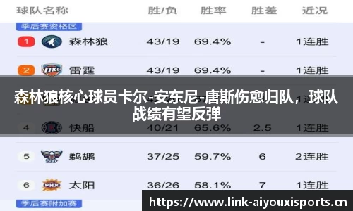 森林狼核心球员卡尔-安东尼-唐斯伤愈归队，球队战绩有望反弹